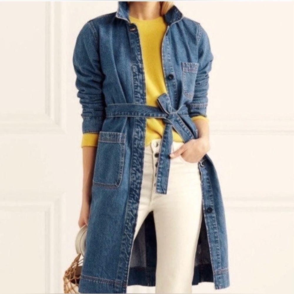 J.Crew Denim Duster Jacket Mid Length Jean Trench Coat Cotton Belted Women’s XS